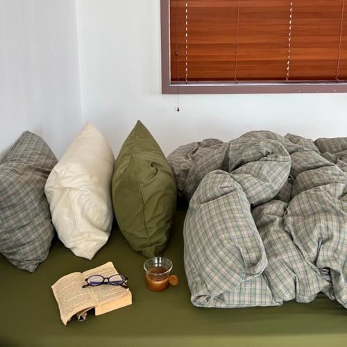 Image of mixinni Vintage Green Buffalo Plaid Duvet Cover Set Twin XL - 3 Piece Mid-Century Washed Cotton Bedding Set with Grid Pattern, Ultra Soft & Breathable Duvet Cover with Pillowcases for All Seasons