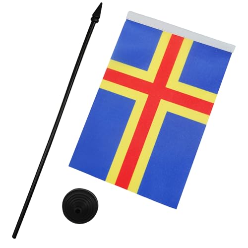 Image of AZ FLAG Aland Table Flag 5'' x 8'' - Aland - Finland Desk Flag 21 x 14 cm - Black plastic stick and base