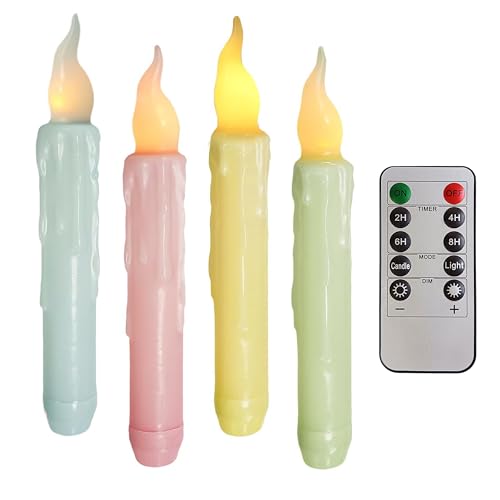Image of Real Wax LED Flameless Short Taper Candles with Remote, 6.7 Inches Candy Colorful Candlesticks, Dripless Battery Operated Flame Rustic Primitive Flameless Spring Candles for Home, Pack of 4