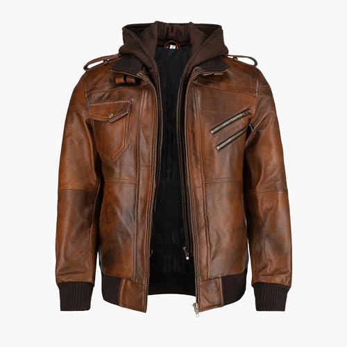 Image of TLC's Mens Leather Bomber Jacket | Durable Lambskin Leather Bomber Jacket Men with Removable Hood