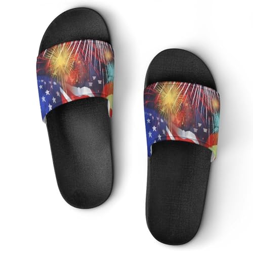 Firework Memorial Day July of 4th Non Slip Slides Sandals for Women Men Quick Drying Shower Shoes for Bathroom Pool Beach