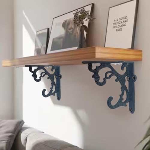Image of Metal Handcrafted Shelf Bracket for Floating Shelves L Angle Decorative L Shaped Corner Brace Joint Heavy Duty Wall Mounted Shelf Supporter Corner Brace Holder (Black, Pack of 2)