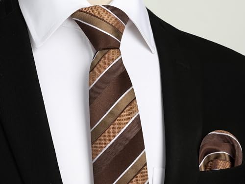 Image of Enlision Mens Ties Stripe Tie and Pocket Square Set Classic Formal Woven Neckties Handkerchief Cufflinks Wedding