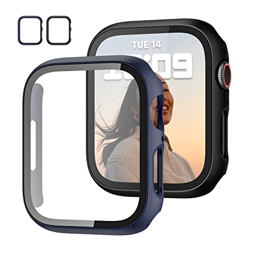 2 Pack Case with Tempered Glass Screen Protector for Apple Watch Series 9/8/7 45mm,JZK Slim Guard Bumper Full Hard PC Protective Cover HD Thin Cover for iWatch 9/8/7 45mm Accessories,Black+Blue