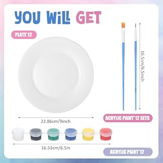 Marspark 12 Pcs 9 Inches Ceramic Painting Plate White Ceramic Plates with 12 Sets of 12 Colors Paint 12 Sets of 2 Brushes Porcelain Painting Craft Set for Family Gatherings Activities Art Supplies