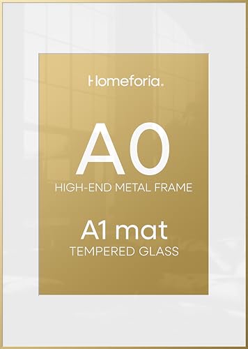 Image of Homeforia A0 Poster Frame Gold, High End Metal 33.1 x 46.8 inches Large Picture Frames with Mat 23.4 x 33.1 for Photo, A0 Size Frames Matted to A1 Print, 33.1x46.8 Thin Frame, Tempered Glass, Set of 1