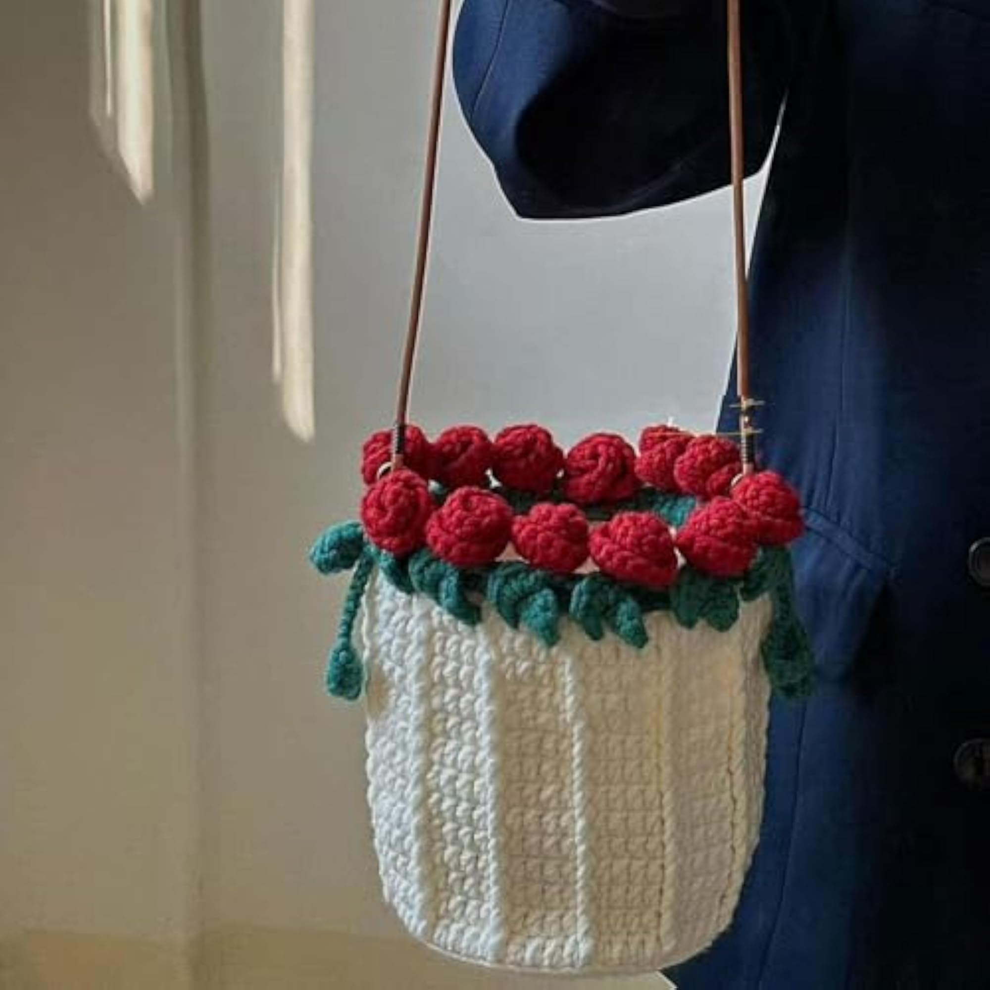 Completed Crochet Shoulder Bag, Stylish Knitted Rose