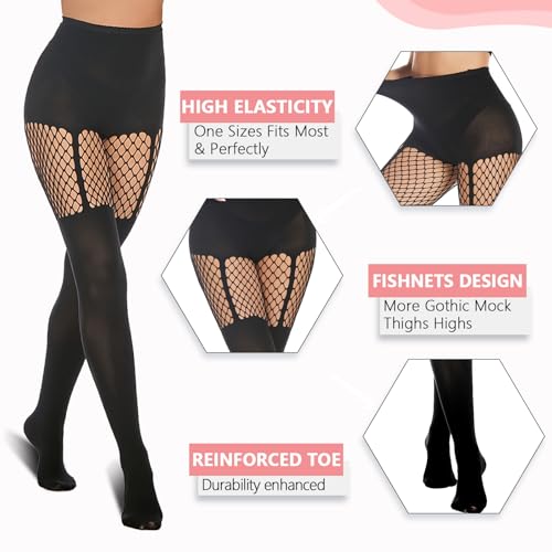 MANZI Faux Thigh High Tights Mock Suspender Pantyhose Striped Goth Fishnets Pack of 23