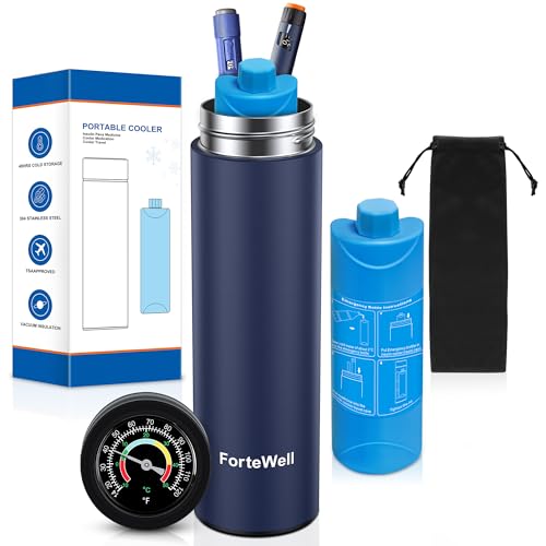 ForteWell Insulin Cooler Travel Case with Temperature Indicator 60H Medication Cooling TSA Approved Fits 2-3 Insulin Pens & Vials Anti-Freeze Protective Bag Diabetes Travel Case (Navy Blue)