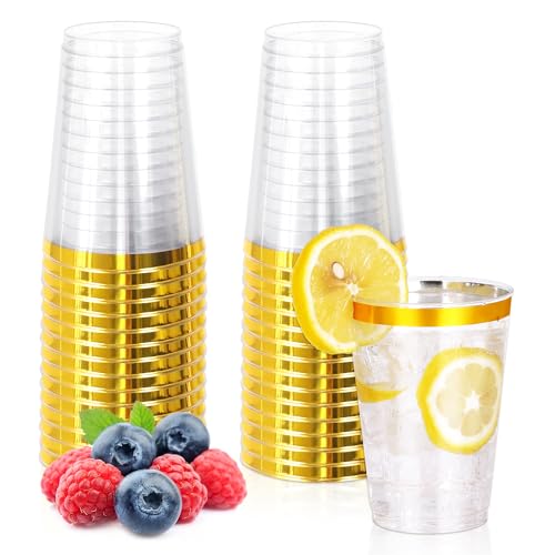 Image of 30 Pcs Gold Plastic Cups,12oz Gold Rimmed Plastic Cups,Heavy Duty Disposable Plastiic Wine Glasses Cocktail Glasses Premium Cup with Gold Rim for Party,Wedding,Christmas
