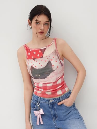 CIDER Tank Tops for Women Cat Graphic Gingham Ruched