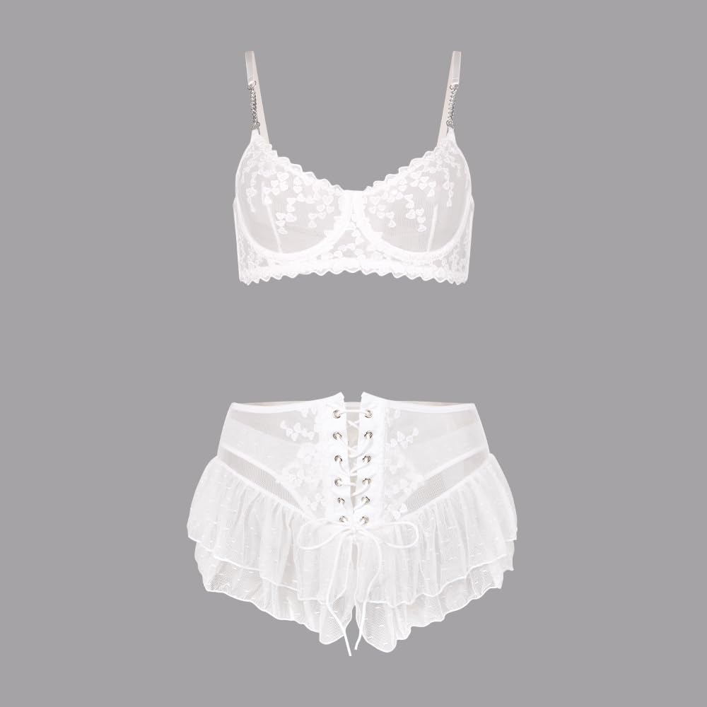 WBDWWTD Conjuntos de lencería sexy de 3 piezas para mujer, sujetador push up con aros de encaje y minifalda de malla transparente con tanga, babydoll travieso bordado con corazón, ropa interior de San