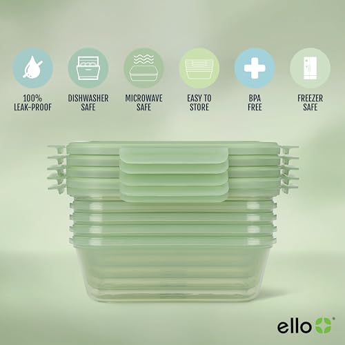 Image of Ello Snap & Nest 10-Piece 4.5 Cup Plastic Meal Prep Set, Reusable Food Containers for Healthy Eating, Freezer, Dishwasher Safe, Sage