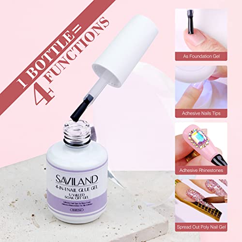 SAVILAND Gel Nail Kit - Nail Glue Gels With 36W Curing Lamp, 4-in-1 Glue Gel 15ml, 500PCS Soft Full Cover Medium Coffin Tips, LED Light Design Kit for Extension