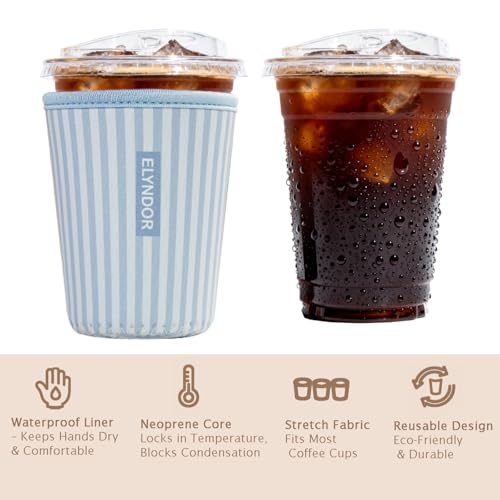 Image of Reusable Insulated Sleeve for Iced Coffee Cup, Coffee Neoprene Sleeve for Cold & Hot Drinks, Beverage Holder for Iced Coffee (Blue Stripes, Medium: 22-24oz)