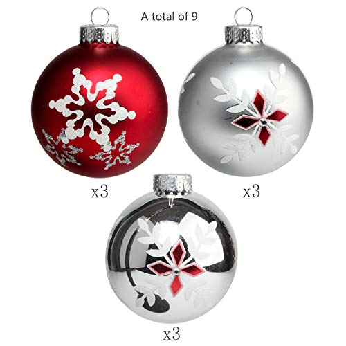 Costyleen Christmas Decoration Colorful Glass Balls Ornaments Set Festival Home Party Decors Xmas Tree Hanging Pendant Snowflake Leaf Patterns 9Pc Red Silver 2.7In #TOP1