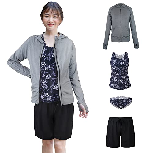 【ARMOTO】水着 レディース 体型カバー タンキニ 長袖ラッシュガード タンクトップ ショーツ ショートパンツ 4点セット UVカット