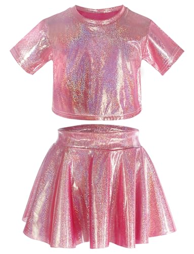 Image of Happy Cherry Kids Girls Metallic Shiny Short Sleeve Crop Tank Top with Skirt Dance Dancewear Outfit Rose Red 7-8 Years