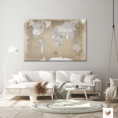 LANA KK Stilvolle Pinnwand Weltkarte - Natur - Deutsch in 120 x 80 cm, stabile Rückwand zum Pinnen inkl. Starterkit - Leinwand-Kunstdruck Wandbild Landkarte XXL