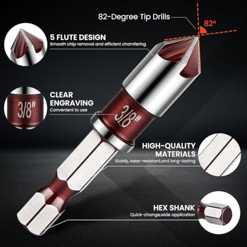 Image of Serplex Steel Countersink Drill Bit Set, 5Pcs, Sizes 3 /4'' to 1 /4'', Heavy Duty 82-Degree 5-Blade Design, Quick-Change Hex Shank, Versatile for Wood, Metal, Plastic, DIY & Professional Use