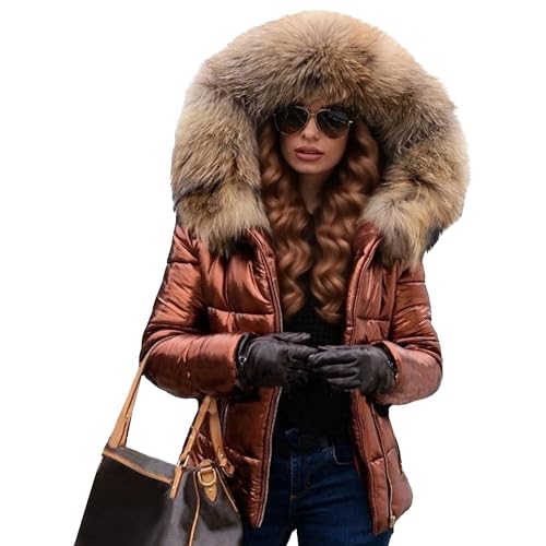 Womens Puffer Jacket with Hood Quilted Winter Coat Fur Collar Hooded Down Jacket Parka Outerwear