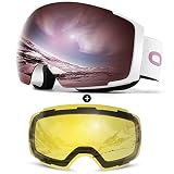 Odoland Skibrille Ski Goggles für Damen und Herren Jungen Rahmenlose Snowboardbrille mit Magnetische Wechselglas OTG Design UV-Schutz Helmkompatible zum Skifahren Weiß Rosa-Violett VLT 11,3%