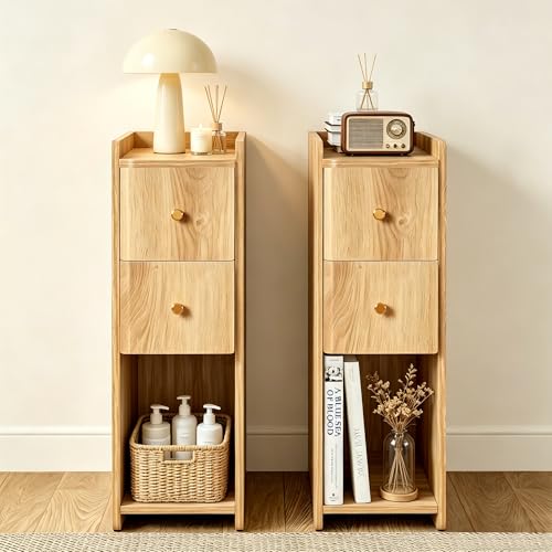 Image of Narrow Nightstand Set of 2, Wooden Small 2 Drawer Nightstand, Slim Side End Table, Skinny Bedside Table, Mid Century Modern Night Stand with Drawers for Bedroom (Natural 2-2 pcs)