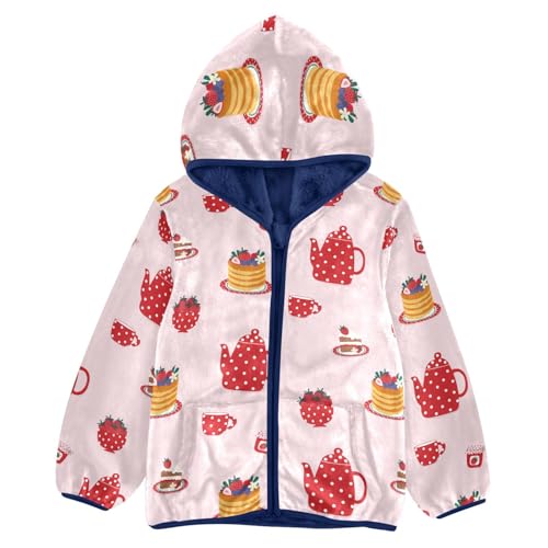 Cute Tea Set with Strawberry Cake Girls Fleece Jacket Girls Fall Jacket Girls Zip Up Hoodie Girls Sherpa Jacket 2-10T