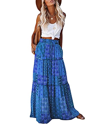 Happy Sailed Womens Retro Boho Printed High Waist Elastic Waist A Line Flowy Long Maxi Beach Skirts with Pockets Blue Medium