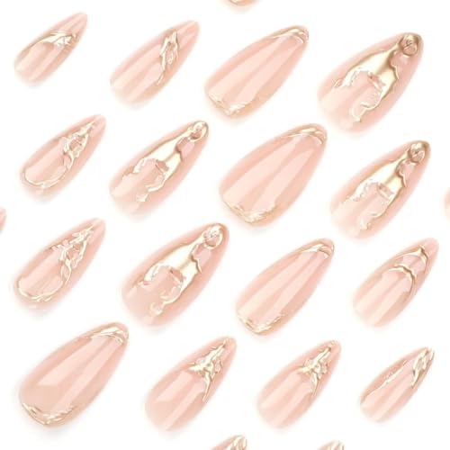 Image of Gold Chrome French Tip Press On Nails Almond Shape | Nude Glossy Fake Nails with Metallic Swirl Design | Long Stiletto Stick On Nails Reusable Full Cover Artificial Nails for Women | Reusable Nail Extension For Women With Glue Tab | Long Lasting Glossy Finish Artificial Nails | Easy to Apply Fake Nails for Salon Look at Home | Stick-On Manicure Kit For Parties, Weddings And Gifts | Trendy Nail Art Set for All Occasions (Peach-GoldStiletto)