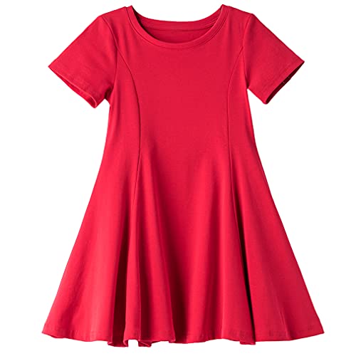Csbks Toddler Girls Short Sleeve Cotton Dress A-Line Twirly Skater Dresses Red 120