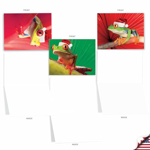 Image of The Best Card Company - 10 Blank Animal Christmas Note Cards - Assorted Bulk Holiday Cards for Men and Women, Fun Wildlife (4 x 5.12 Inch) - Yule Frogs M1754XB