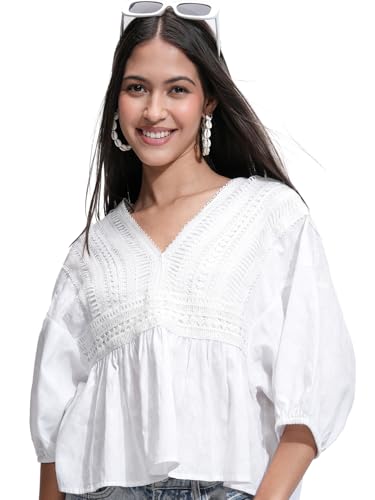 Image of Tokyo Talkies Women's Three-Quarter Sleeves V-Neck Self Design Tops|Stylish | Casual Wear