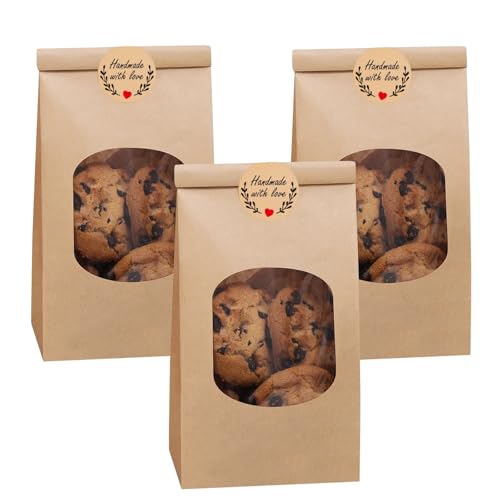 Frizlryem 25 Sacs de Boulangerie en Papier Kraft avec Fenêtre, 9x6x17cm, Sacs à Fermeture Tin Tie pour Biscuits, Café, Pain, Bonbons, Cadeaux, Livrés avec 25 Autocollants Handmade - Marron