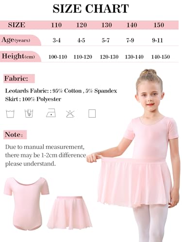 Ballettkleidung Mädchen Kurzarm Ballettkleid Baumwolle Balletttrikot Kinder Ballettanzug Ballettbody mit Chiffon Rock Tütü 3-11Jahre Rosa 130