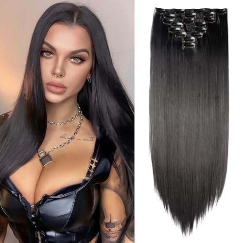 TESS 66 cm Extension a Clip Cheveux Naturel, Extension Cheveux Naturel Clip Lisse Noir 18 Clips 8 PCS Rajout Cheveux Clip Naturel 140g
