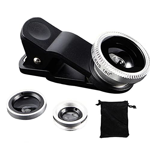 Telefon Fisheye-Objektiv 3in1, Handy-Kamera-Objektiv-Kit Weitwinkelobjektiv Makro-Objektiv Fischaugenlinse (Silber…