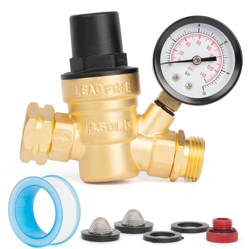 Image of U.S. Solid 3 /4 in GHT RV Water Pressure Regulator, Screwdriver-Adjustable Lead-Free Brass, 45 psi Preset, 0-140 psi Gauge, Stainless Filter, for RV Camper Trailer and Garden Hose