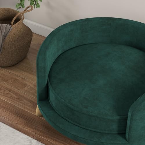 PawHut Hundesofa, Haustiersofa mit Samtoptik, Katzensofa mit Kissen, Hundebett, Hundecouch mit Erhöhtem Design, Hundesessel mit Holzbeine, Grün, 68 x 68 x 35 cm