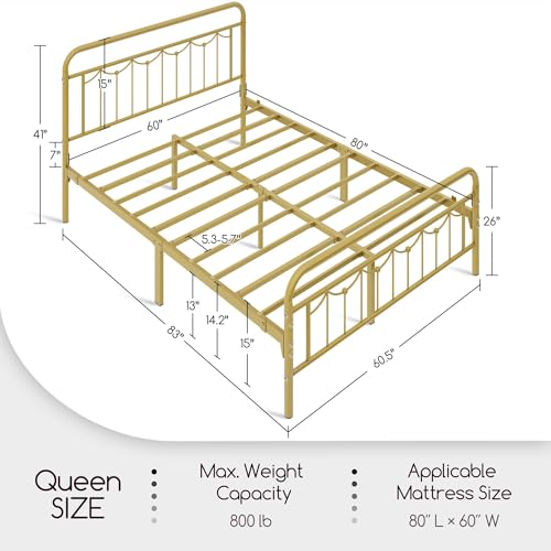 Yaheetech Queen Size Metal Bed Frames with Vintage Headboard and Footboard, Farmhouse Metal Platform Bed, Heavy Duty Steel Slat Support, Ample Under-Bed Storage, No Box Spring Needed, Antique Gold
