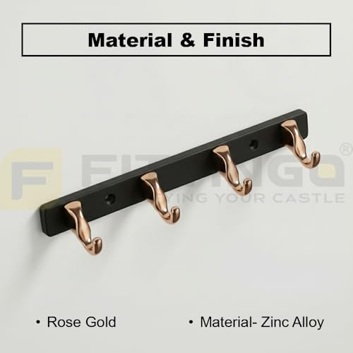 Image of 4 Hook Modern Bathroom Hooks for Hanging /Cloth Hooks for Door Back Side /Cloth Hanger for Wall (Rose Gold with Black) Pack of 1-| 3 Years Warranty |