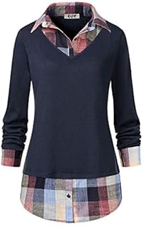 DJT Women's Contrast Plaid Collar 2 in 1 Blouse Tunic Tops