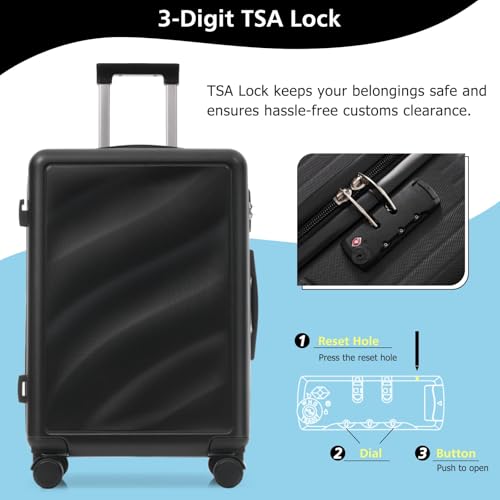 Lightweight Durable ABS Luggage Set with Spinner Wheels, TSA Lock, Carry-on & Checked Travel Suitcases (20"/24"/28")(Black)3