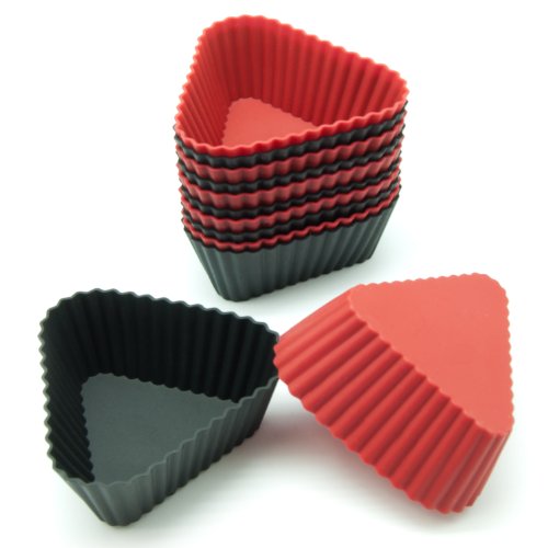 Freshware 12-Pack Silicone Mini Triangle Reusable Cupcake and Muffin Baking Cup, Black and Red Colors