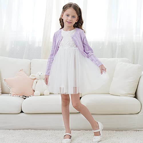 Image of Girls' Crochet Knitted Cardigan Sweater Bolero Shrug Kids Long Sleeve Button Closure Cropped Knitwear Cover Up,Light Purple,9 /10