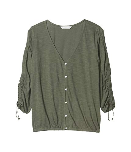 Lucky Brand Women's 3/4 Ruched Sleeve V-Neck Button Front Top, Thyme, M