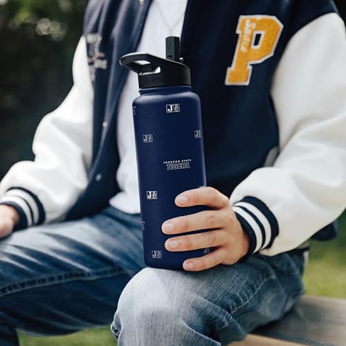 Image of Logo Brands NCAA Jackson State Tigers Step & Repeat 34 oz Stainless Steel Quencher Bottle - All Over Logo Design, No-Spill Lid, Easy Carry Handle - Keeps Drinks Cold For Hours