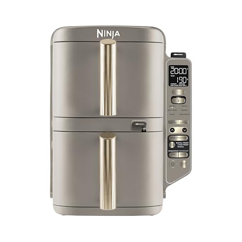 Ninja Double Stack XL Friggitrice ad aria con sonda di cottura digitale, verticale, doppio scomparto, 4 livelli, 2 scomparti, 2 griglie, 9,5 L, 6 programmi, 8 porzioni, oro chiaro SL451EUSD