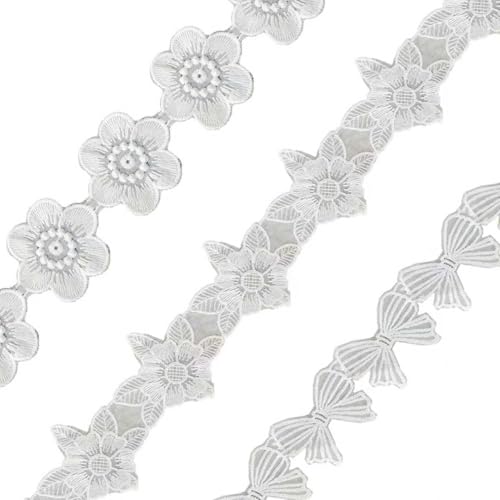 3 Stück 2 Yards Weiß Spitzenband, 3D Besticktes Blumen Spitzenstoff für DIY Nähen, Kostüm Dekoration, Brautkleid & Deko