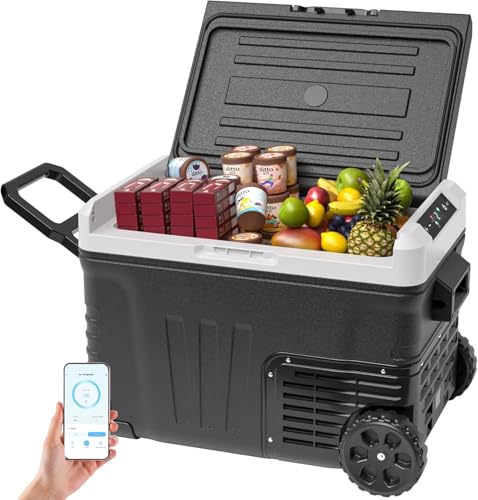 EUHOMY 35L Kompressor Kühlbox, Auto-Kühlschrank mit APP, Tragbarer Gefrierschrank 12V/24V & 220-240V, Kühlschrank -20℃~20℃, Kühlbox mit Rollen & 2 Körben für Reisen, Camping